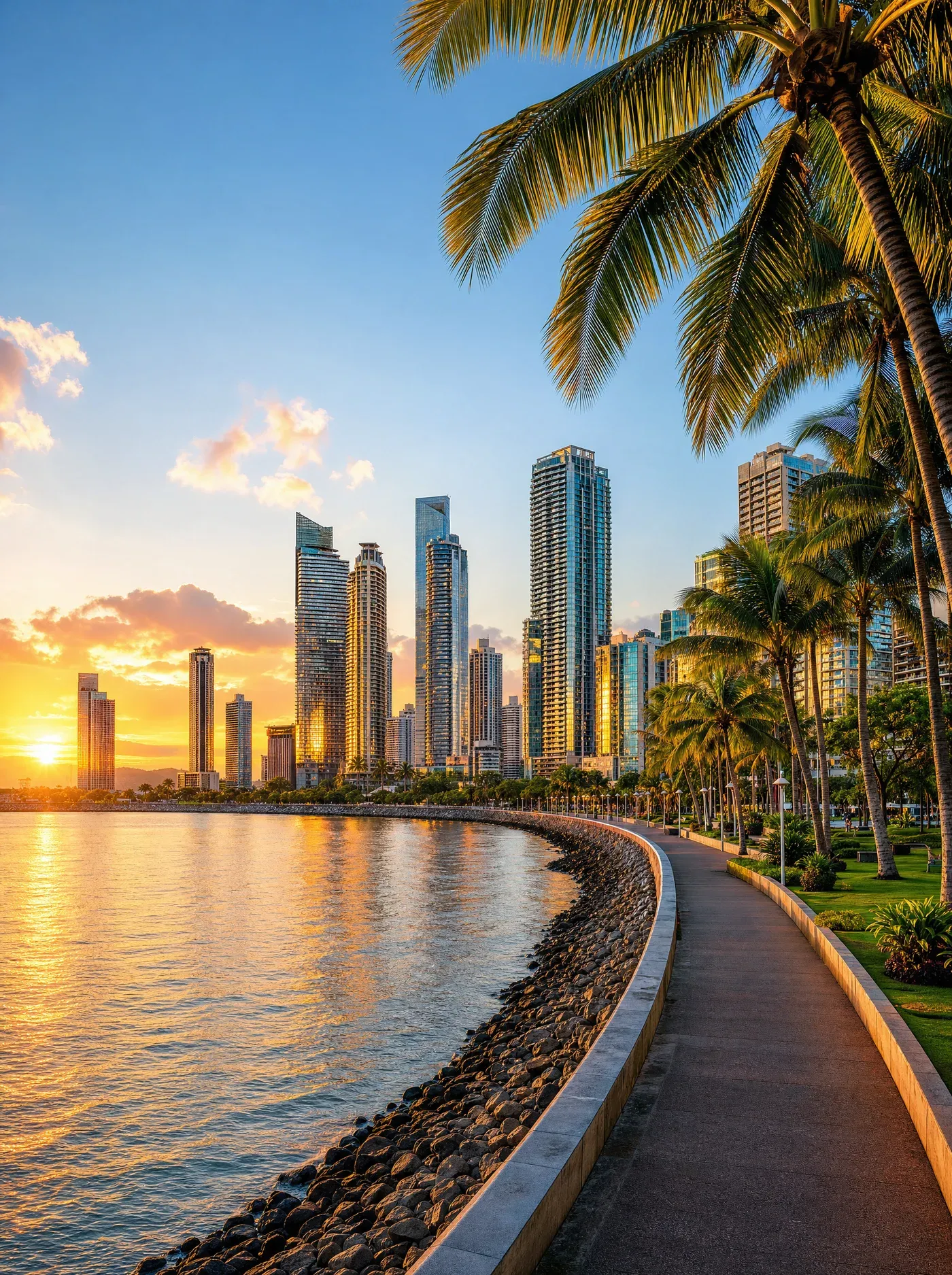 Palms along the Cinta Costera with the Panama City skyline at sunset
