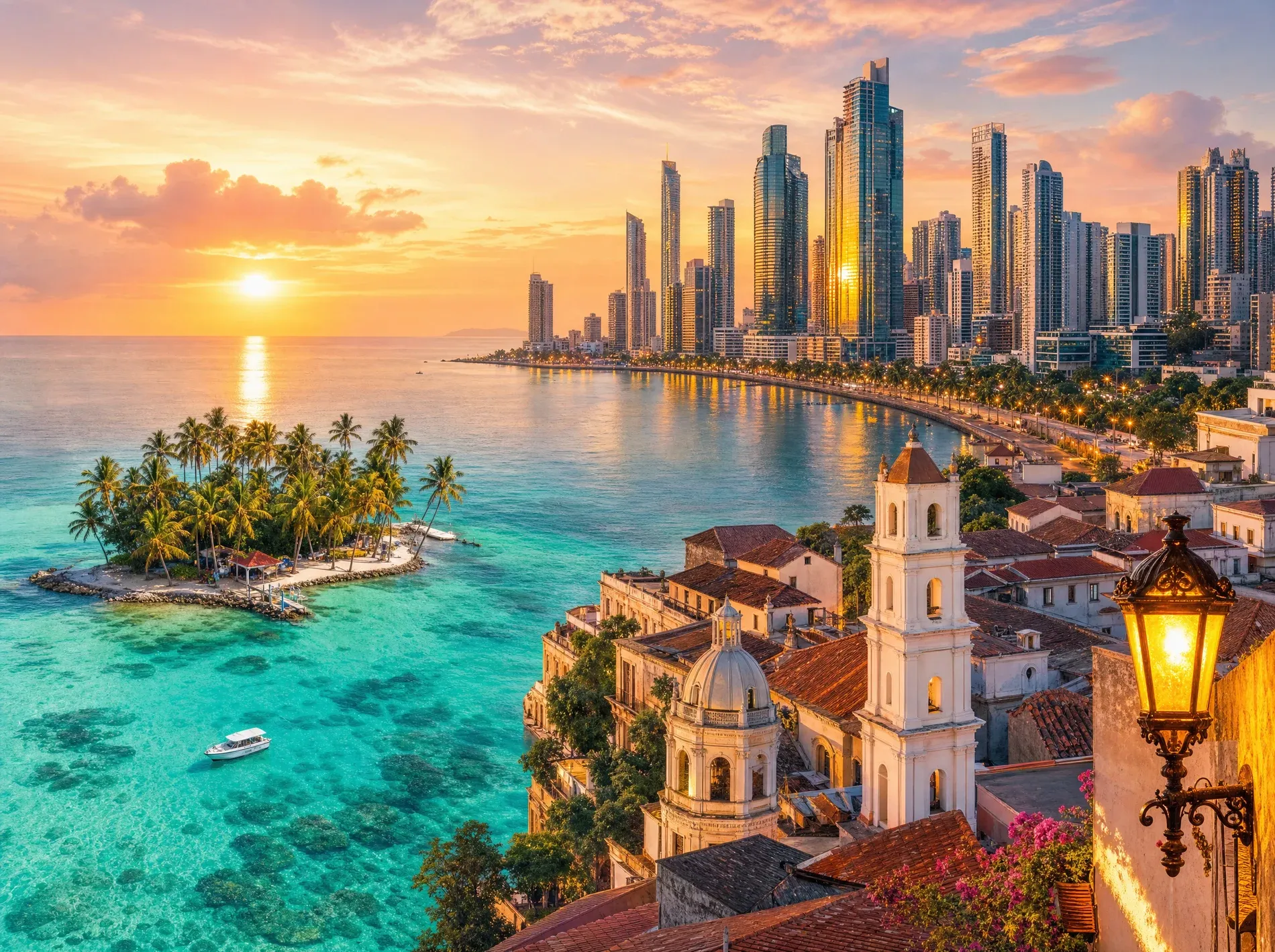 Panama at sunset: turquoise Caribbean shallows and a palm island, the Panama City skyline along the bay, and the colonial rooftops of Casco Viejo